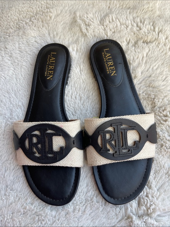 Lauren Ralph Lauren Shoes - Lauren Ralph Lauren Alegra Leather Canvas Slide Sandals Size 7.5
